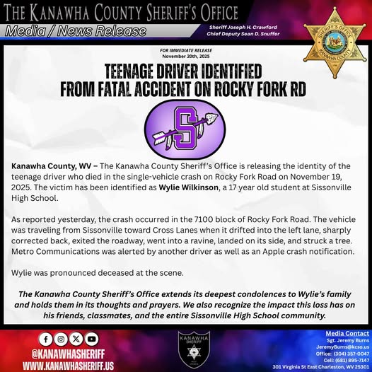 Wylie Wilkinson, 17, Victim Identified, Killed in Kanawha County Crash